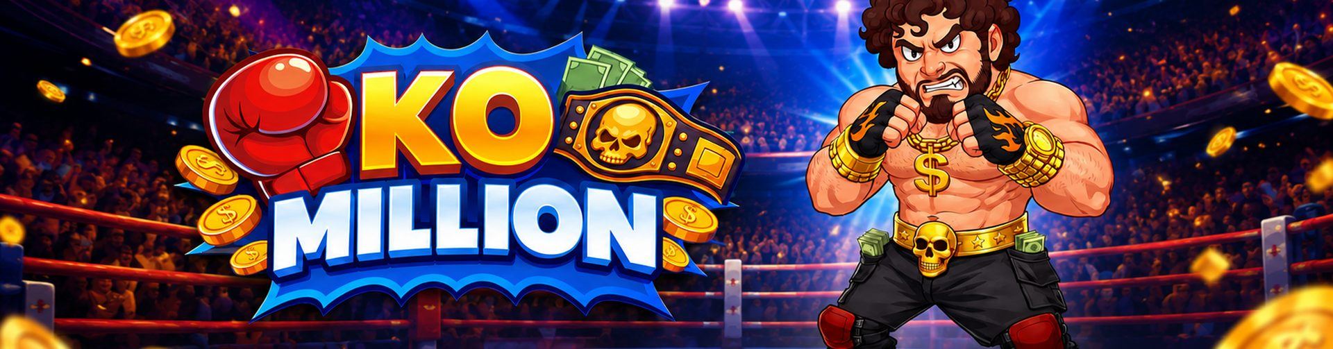 Banner van het spel KO Million van InOut Games met een bokser in verdediging in de arena onder een regen van gouden munten
