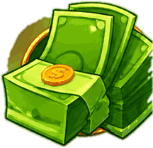 Stapels groene bankbiljetten en een gouden munt uit het spel KO Million